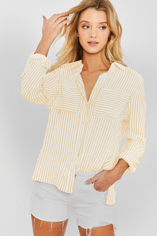 Striped Roll Up Sleeve Button Down Blouse Shirts