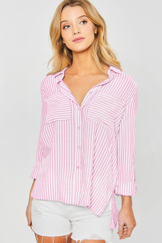 Striped Roll Up Sleeve Button Down Blouse Shirts
