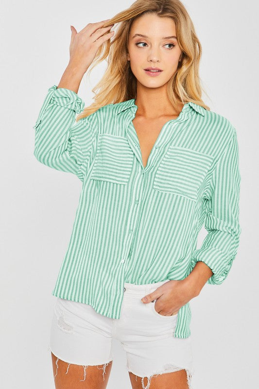 Striped Roll Up Sleeve Button Down Blouse Shirts