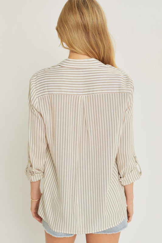 Striped Roll Up Sleeve Button Down Blouse Shirts