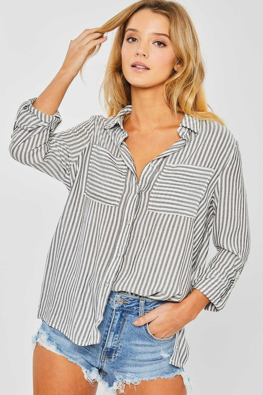 Striped Roll Up Sleeve Button Down Blouse Shirts