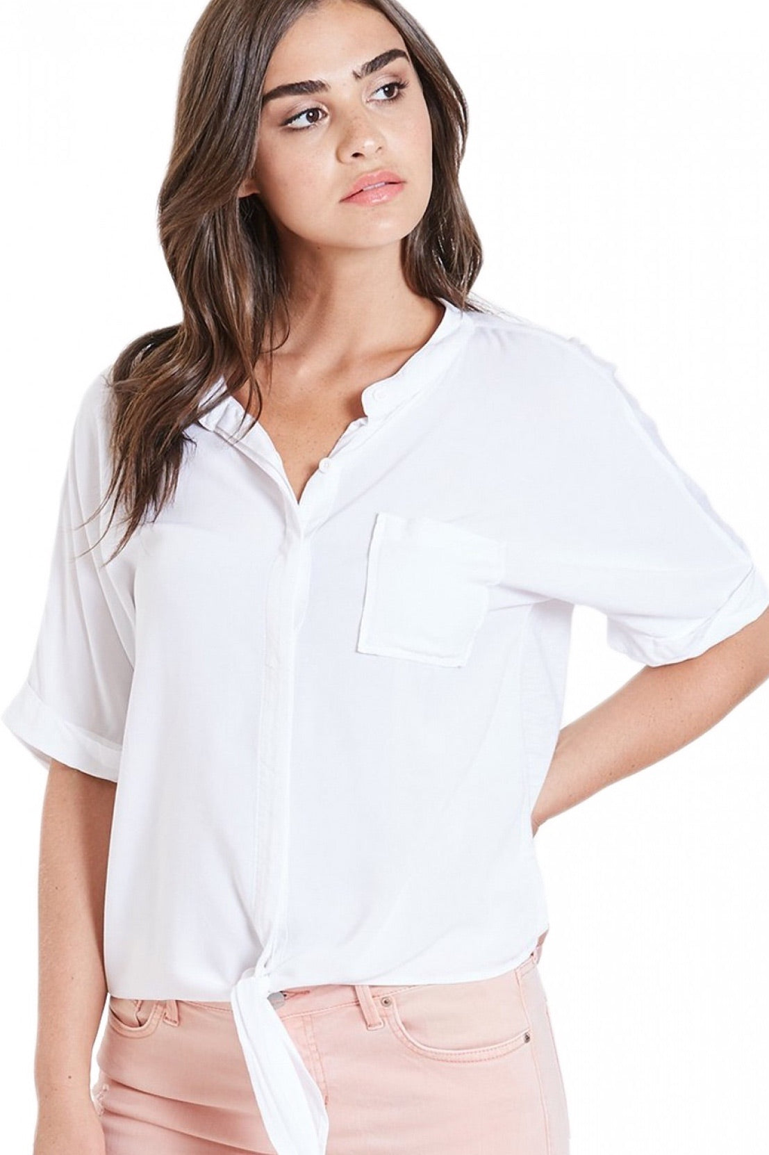 Hanna Short Sleeve Tie Front Top in White