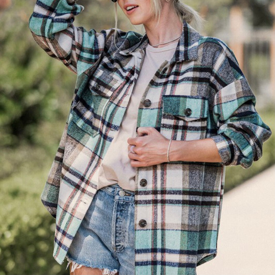 Oversized Flannel Plaid Shirt in Mint