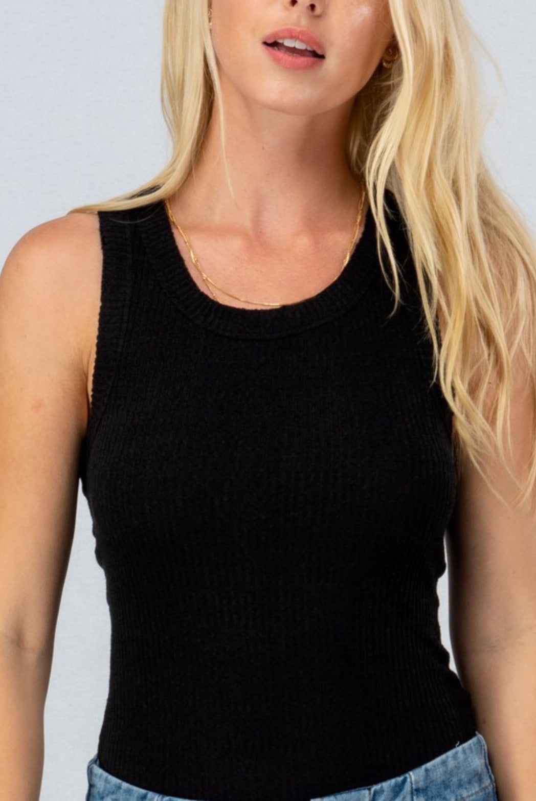 High Neck Cotton Ribbed Tank in Black