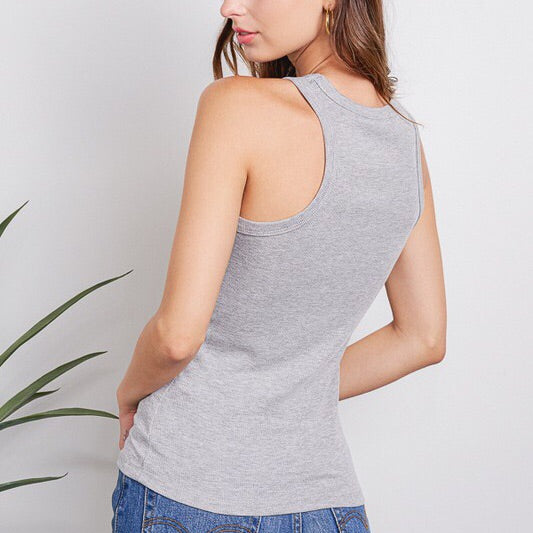 High Neck Cotton Ribbed Tank in Grey